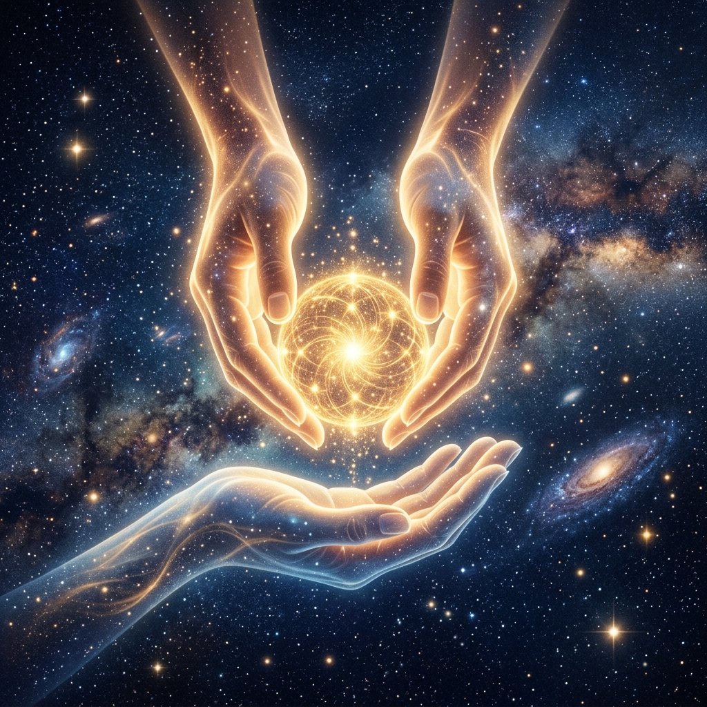 Two ethereal hands offering a glowing golden cosmic seed representing Charity