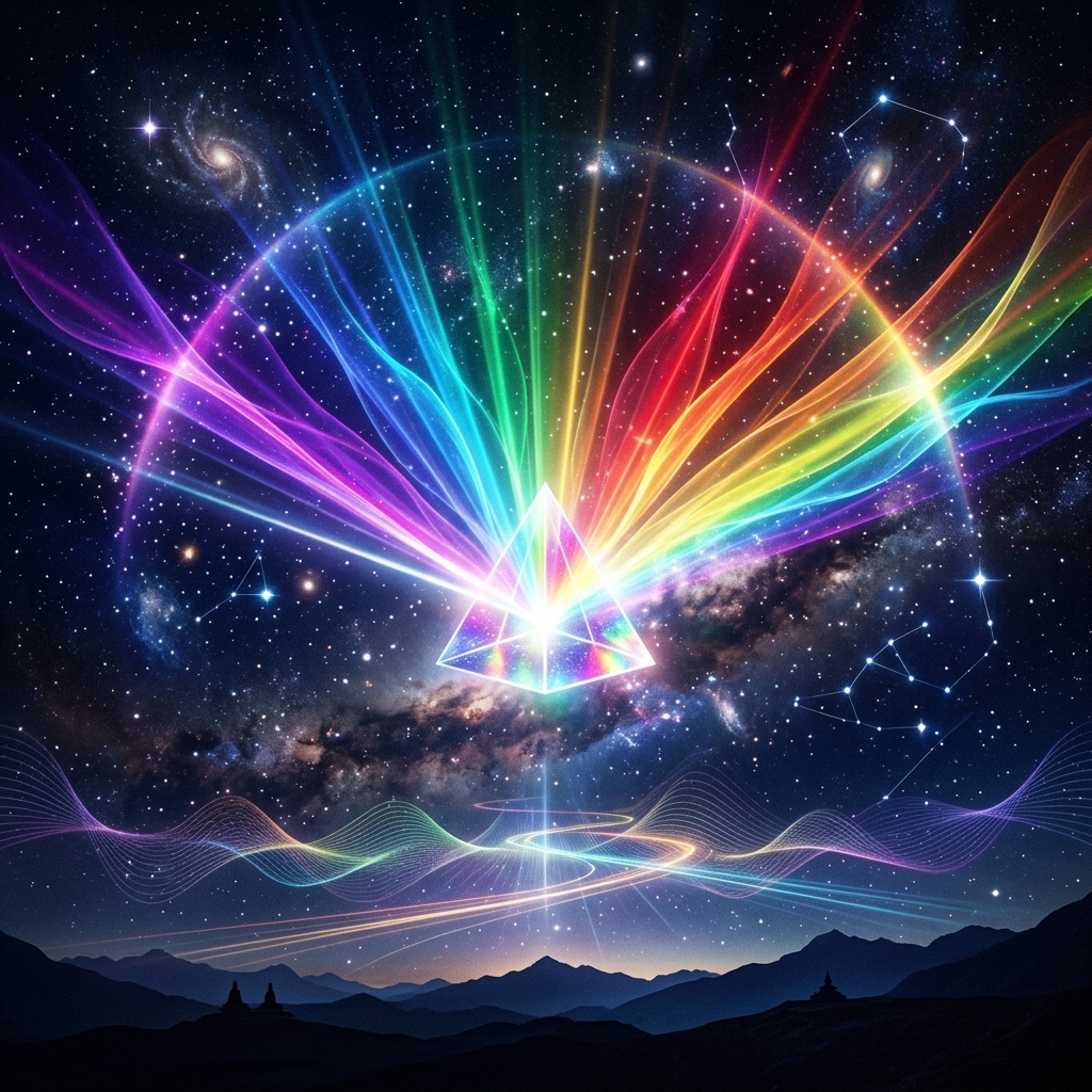 Glowing prism breaking pure light into a spectrum of colors representing Color Therapy