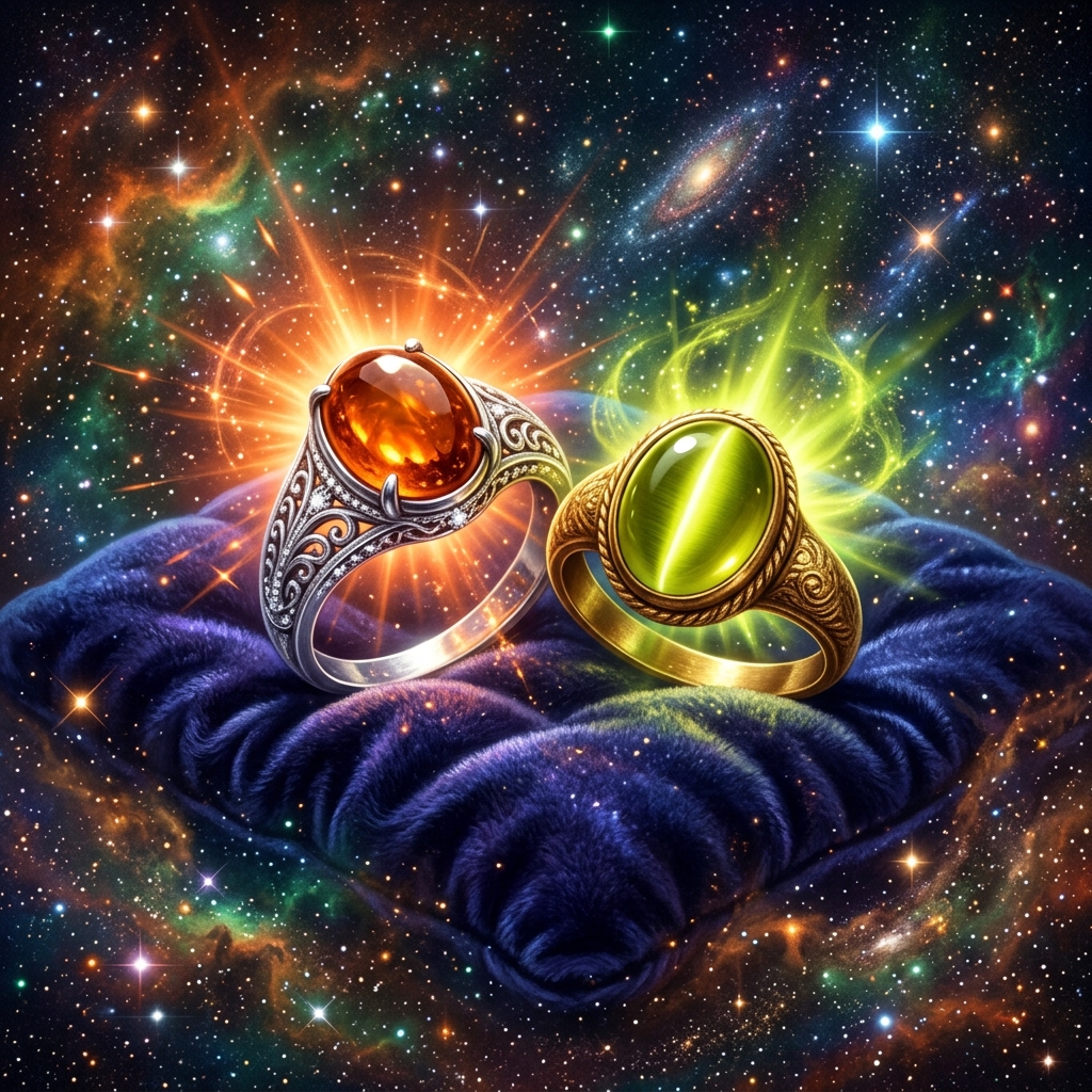 A silver ring with a glowing honey-orange Gomed stone and a brass ring with a glowing yellow-green Cat's Eye stone resting on a dark velvet cushion under cosmic light