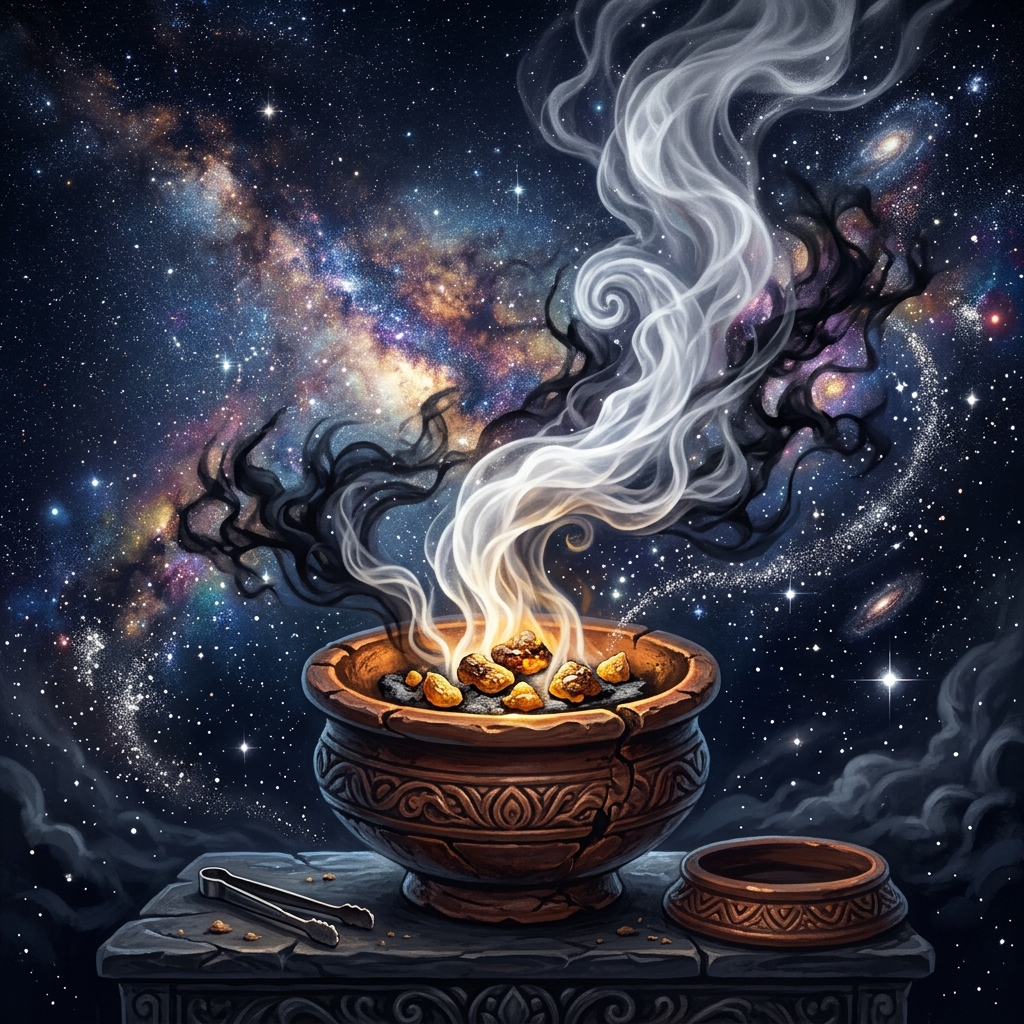 Traditional Gugal resin burning on hot coals, releasing dense, thick white smoke that clears dark negative energies in a cosmic atmosphere