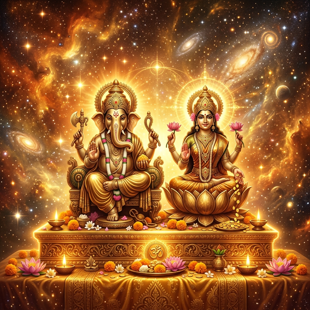 Exquisite brass idols of Lord Ganesha and Goddess Laxmi sitting on a golden altar, radiating wealth and wisdom