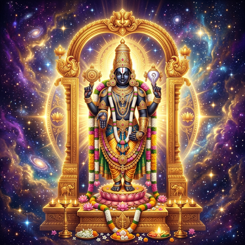 Glorious golden Lord Venkateswara Balaji standing within a radiant temple arch, emitting cosmic protective light