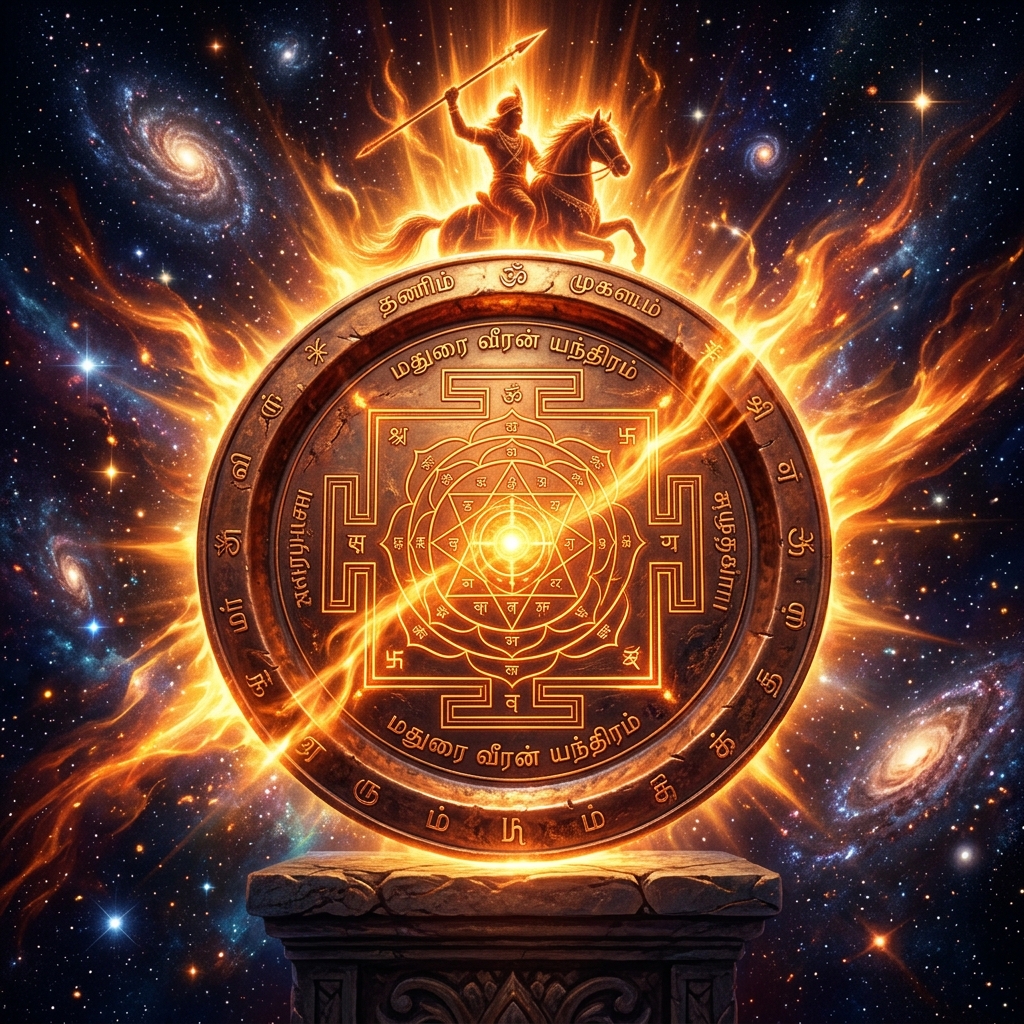 Fiery copper Madurai Veeran Yantra plate with holy geometric symbols and a riding guardian warrior in a cosmic space