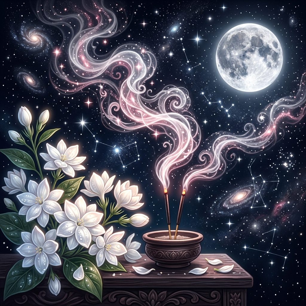 Delicate white Mogra (Jasmine) flowers and incense burning under a bright silver full moon, releasing soft pink and white stellar smoke