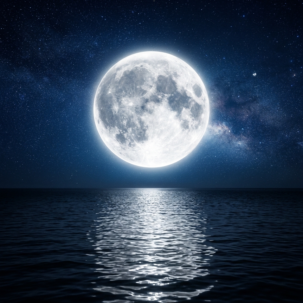 Luminous silver Moon glowing with pure, calming light over a tranquil cosmic ocean
