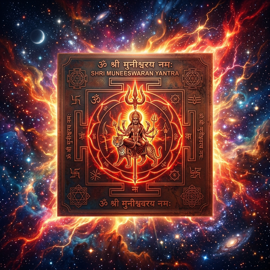 Engraved copper Muneeswaran Yantra glowing with protective fiery red and gold cosmic energy