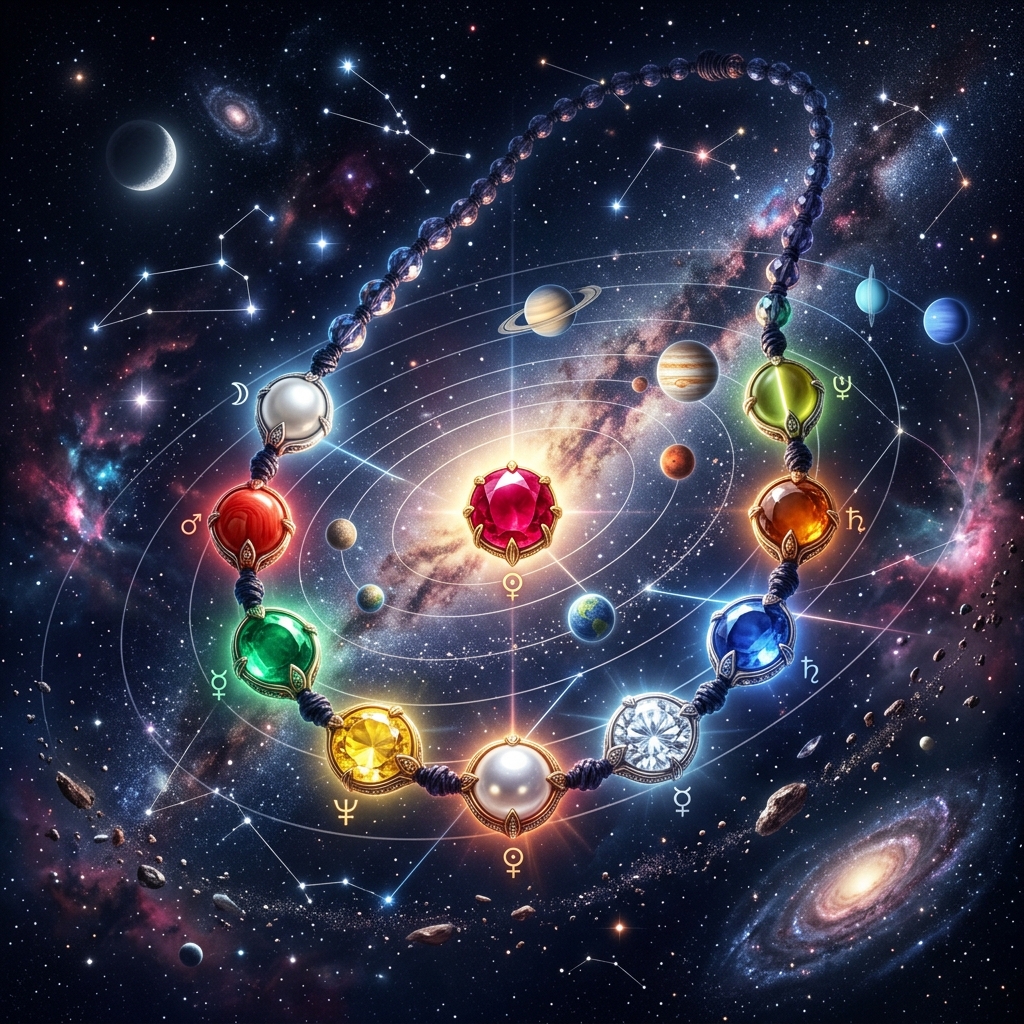 A premium Navagraha planetary gemstone necklace aligned symmetrically in a celestial, starry outer space scene