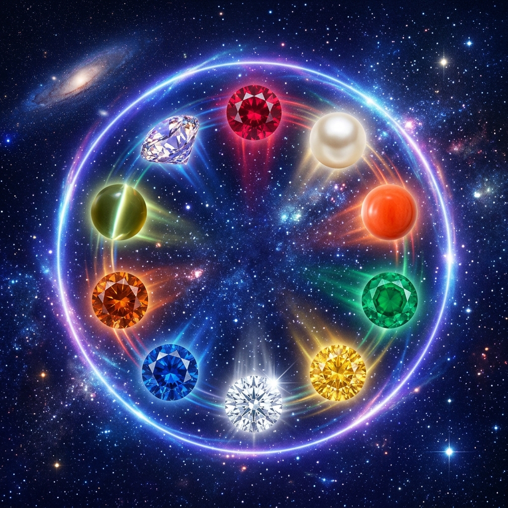 Nine brilliant cosmic gemstones representing Navaratna therapy