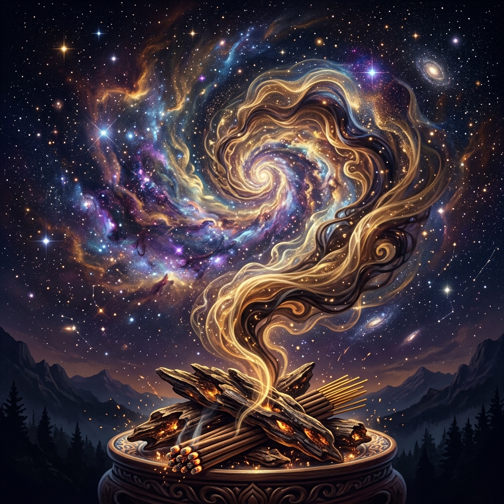 Aromatic Oud (Agarwood) logs and incense burning, releasing rich golden and dark smoke spiraling into a stellar cosmos