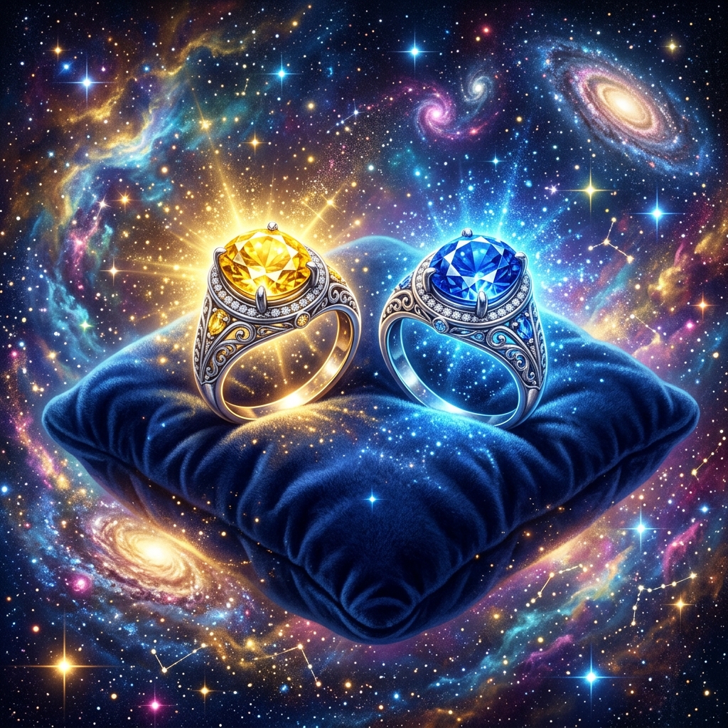 A silver ring with a glowing yellow sapphire (Pukhraj) and a silver ring with a glowing blue sapphire (Neelam) resting on a dark blue velvet cushion under cosmic light