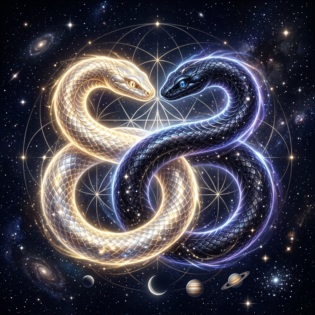 Two cosmic serpents twisting in harmony representing Rahu and Ketu