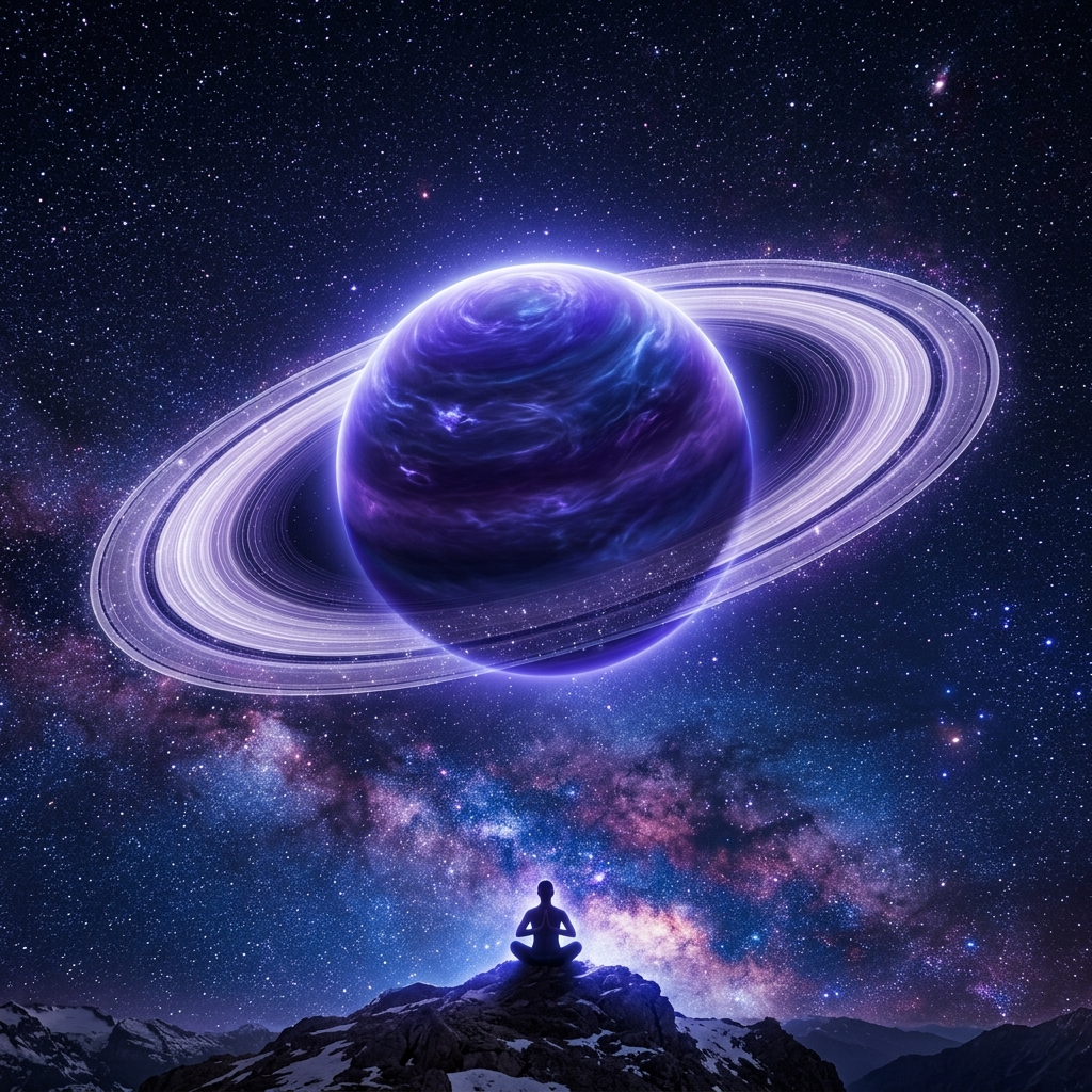 Massive glowing ringed planet Saturn in a starry sky representing Sade Sati