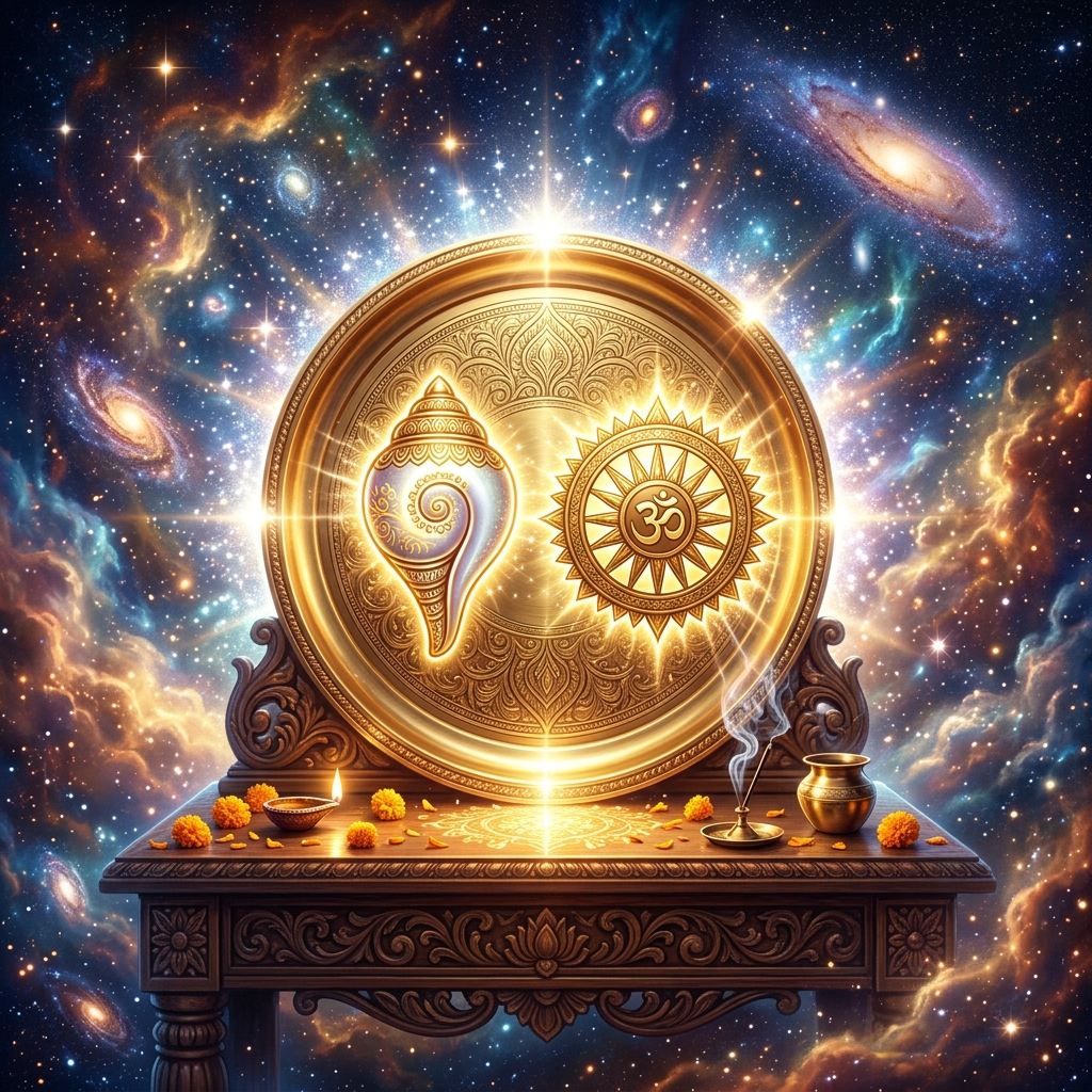 A radiant brass plate engraved with the Shanka and Chakra symbols of Lord Vishnu resting on an altar in a cosmic background