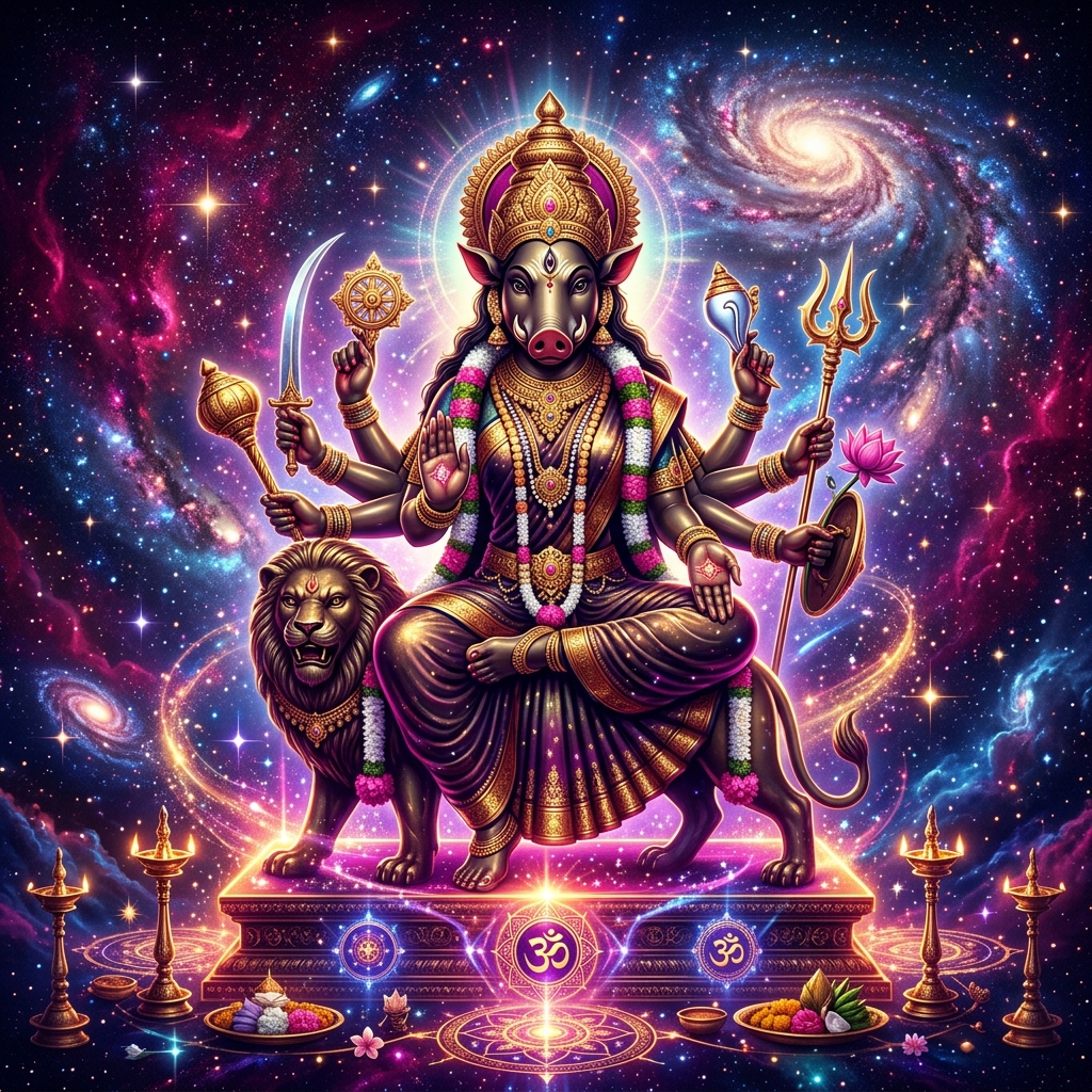Powerful brass Goddess Varahi Amman idol seated on a lion, holding weapons and radiating protective cosmic magenta light